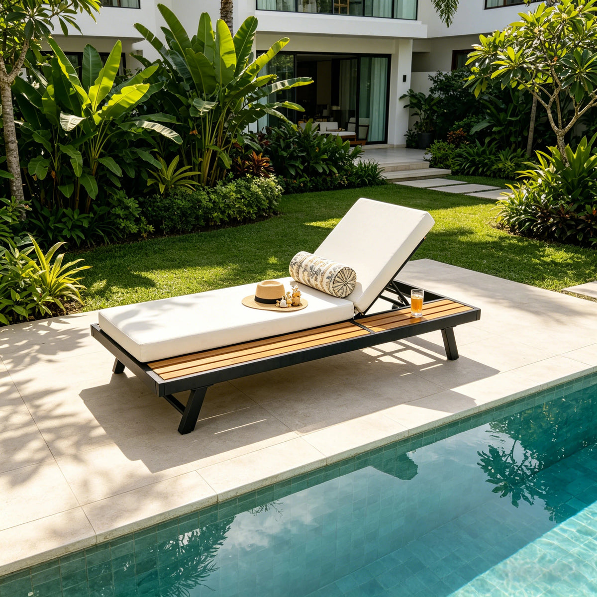 Black Metal Adjustable Outdoor Chaise Lounge with Cream 2-Fold Cushion