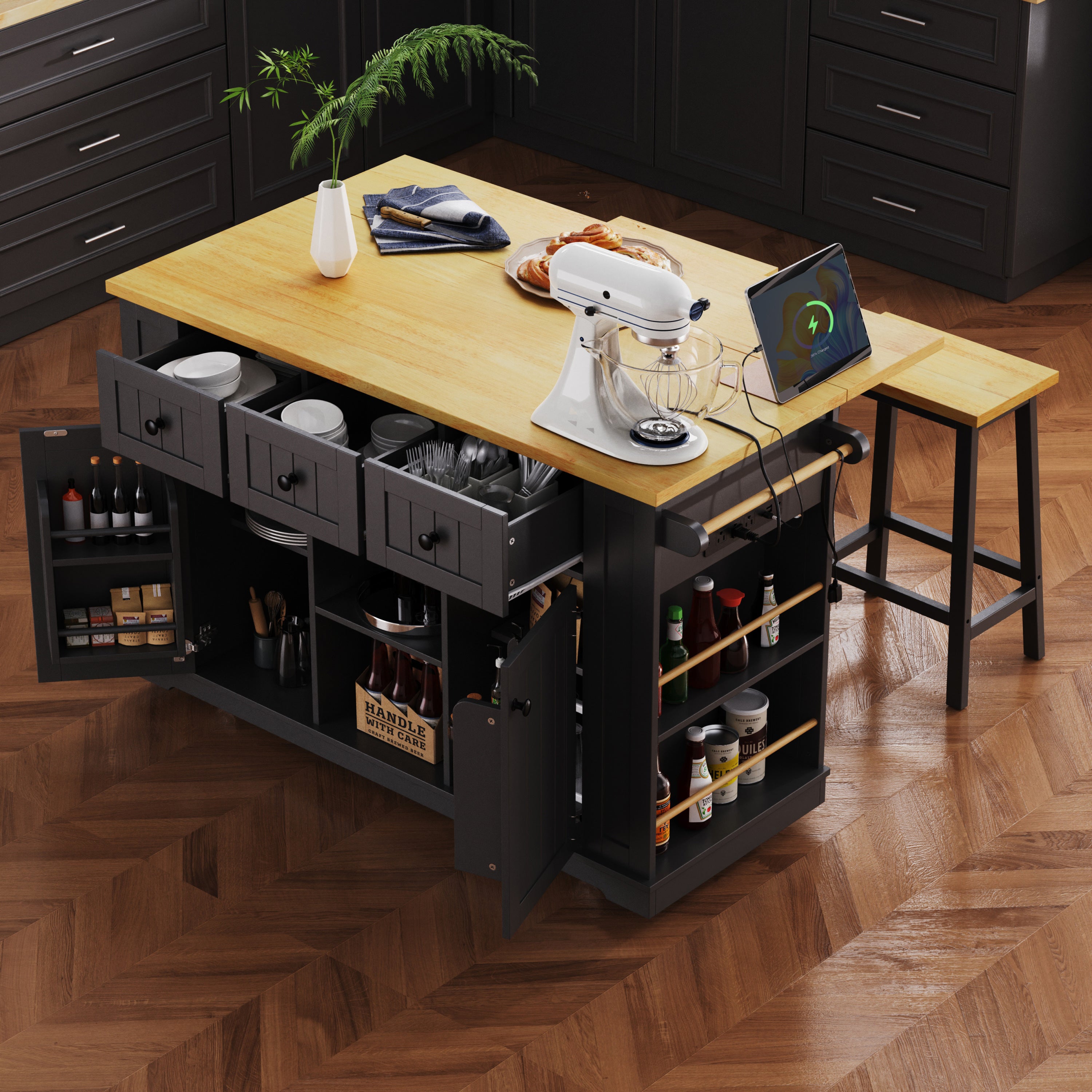 Farmhouse Kitchen Island, Black 53" Rolling Cart with Drop Leaf
