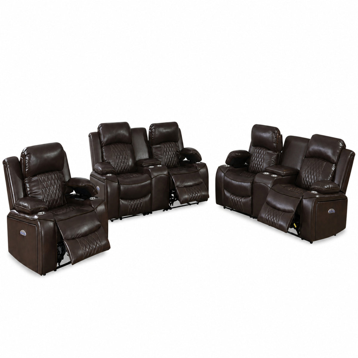 Brown Vegan Leather Power Reclining 3-Piece Living Room Set, 6-Seat