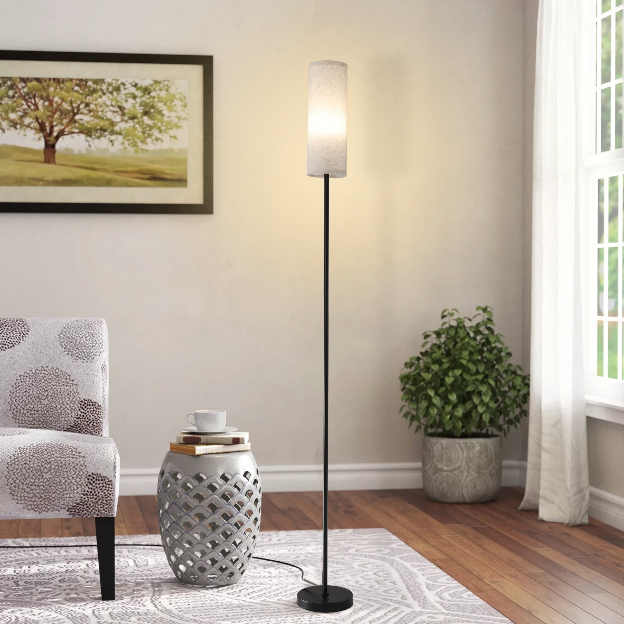 Floor Lamp with Fabric Shade, Slim Metal Base, Black