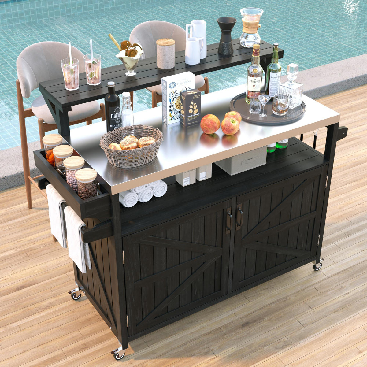 Black Solid Wood Outdoor Kitchen Island with Wheels, with Shelves