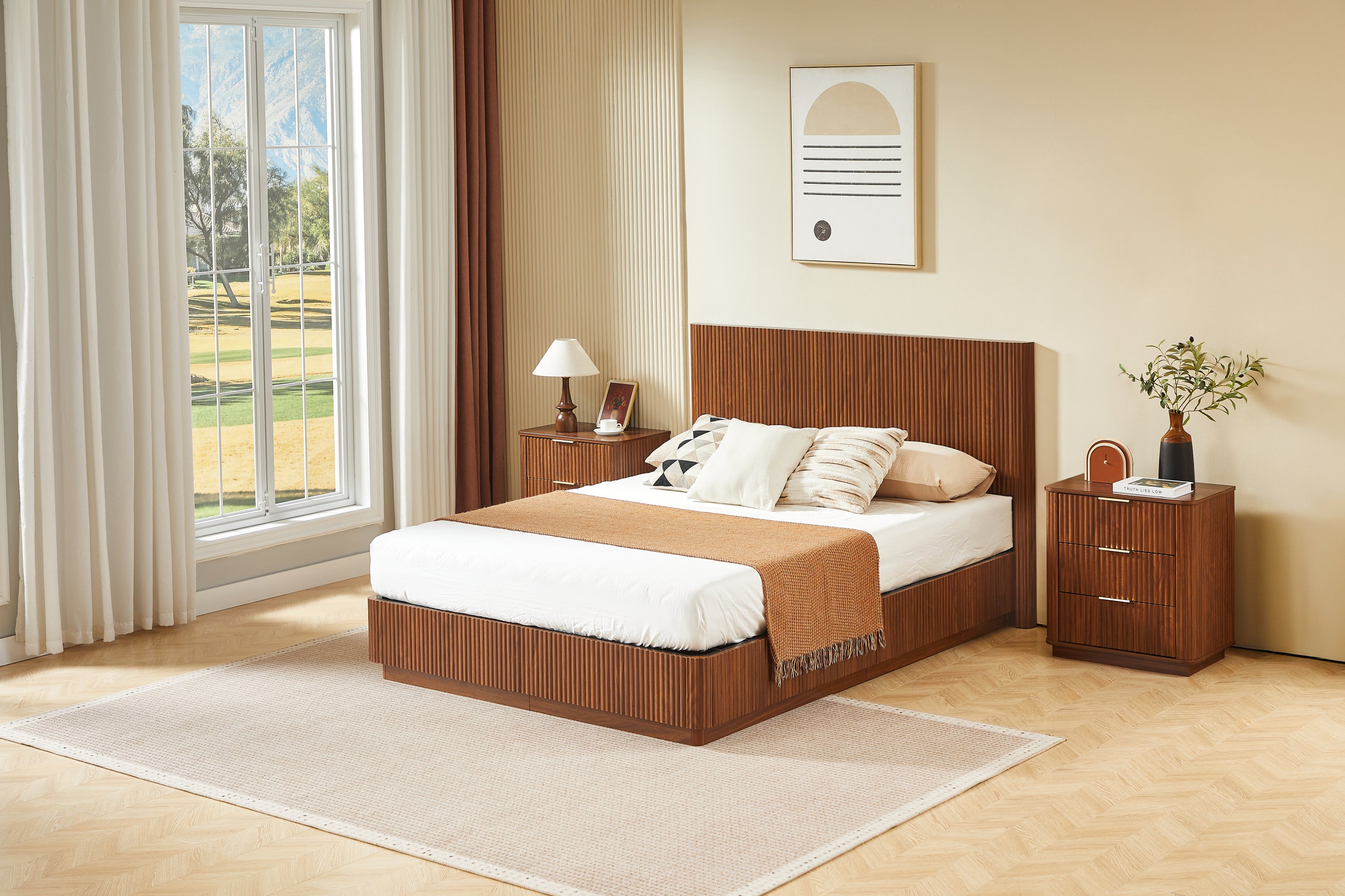 Wide bedroom scene with the walnut modern queen bed frame, nightstands and framed art #Color_Walnut