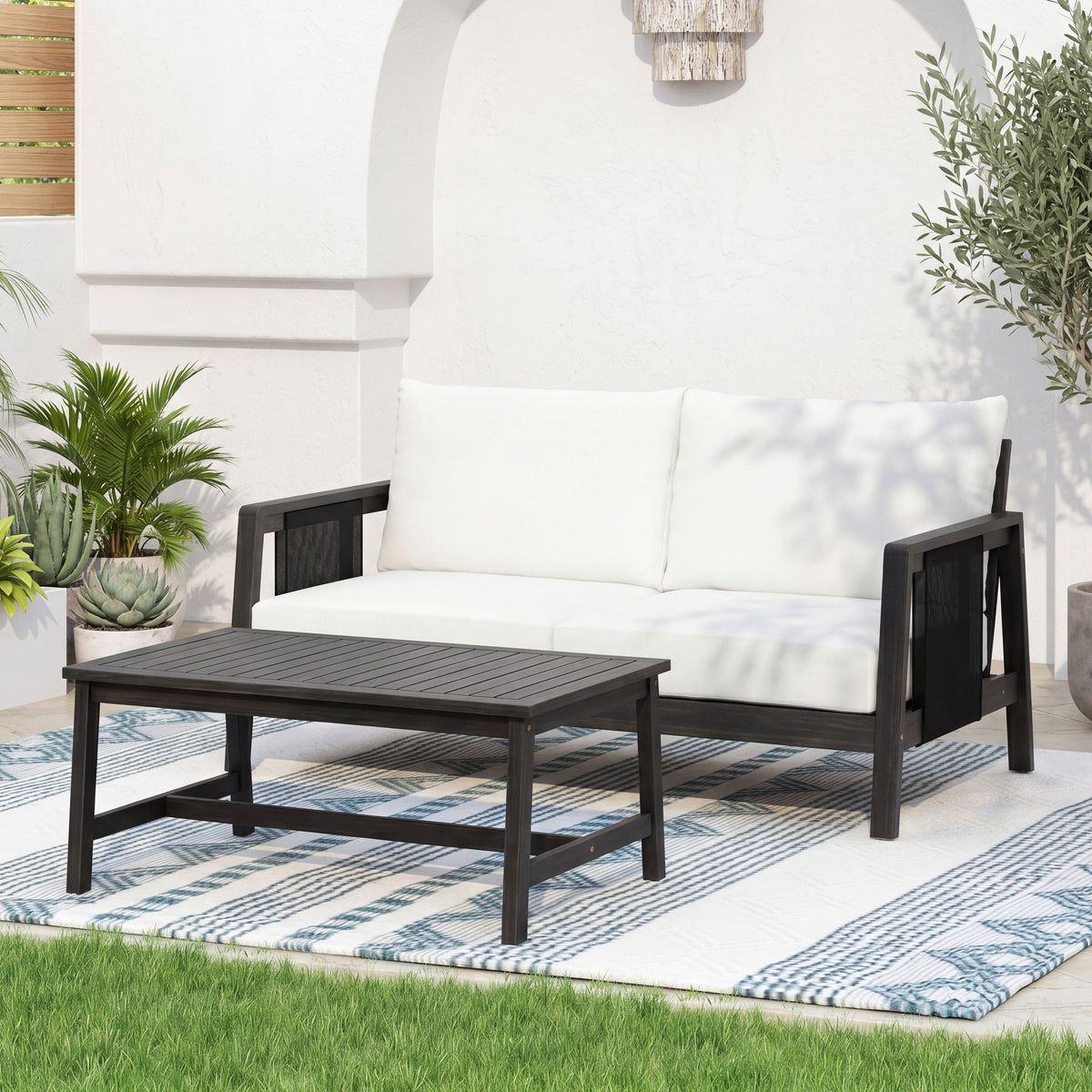 Dark Gray Solid Wood 2-Piece Outdoor Sofa Set for 2 with Cushions