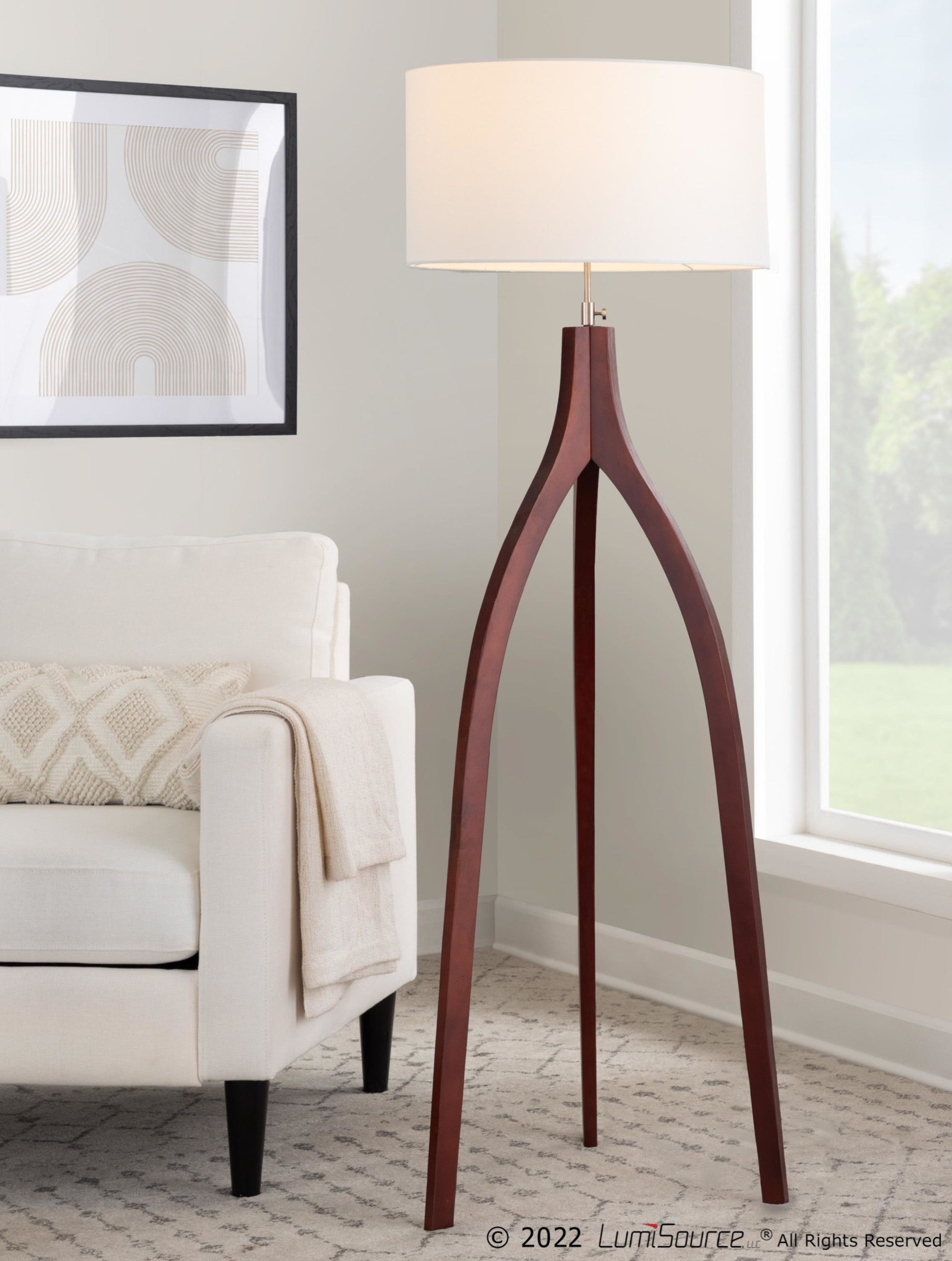 Floor Lamp with Walnut Wood Base and White Fabric Shade