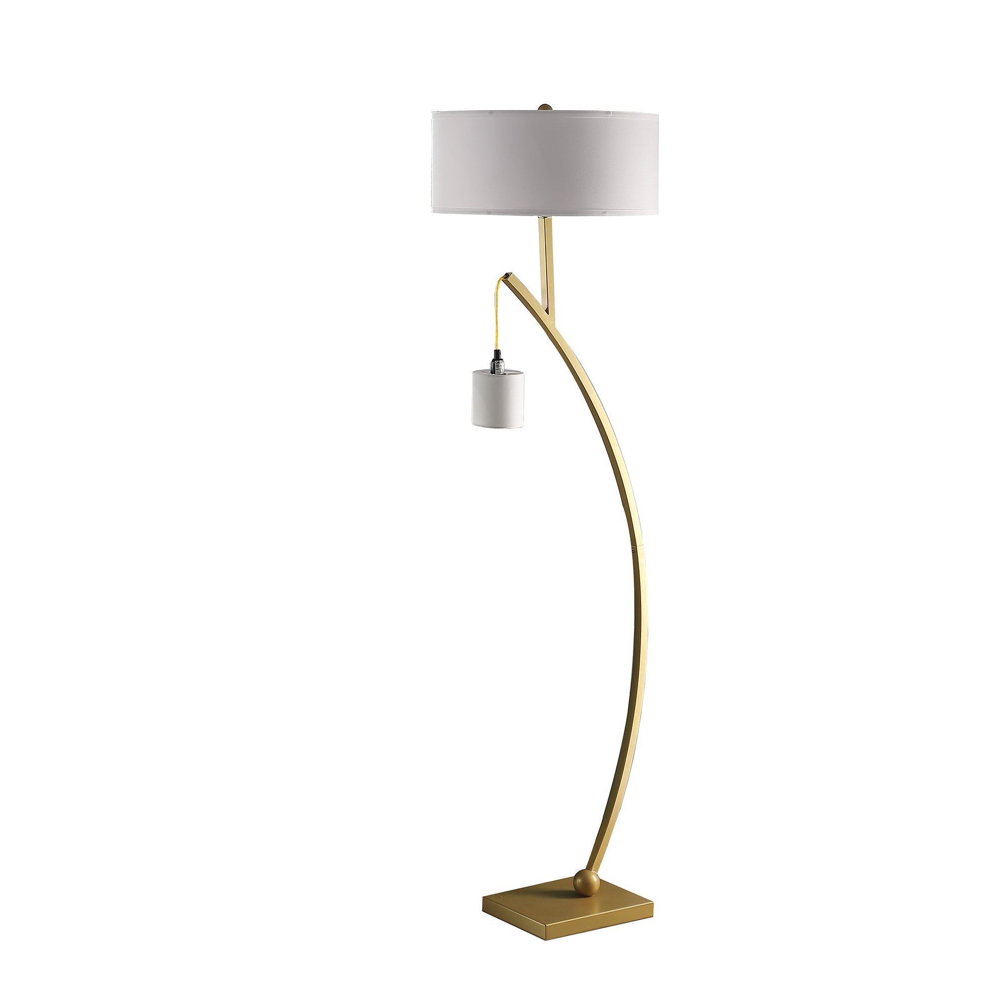 Floor Lamp, Dual Arc with Hanging Pendant Shade, Gold