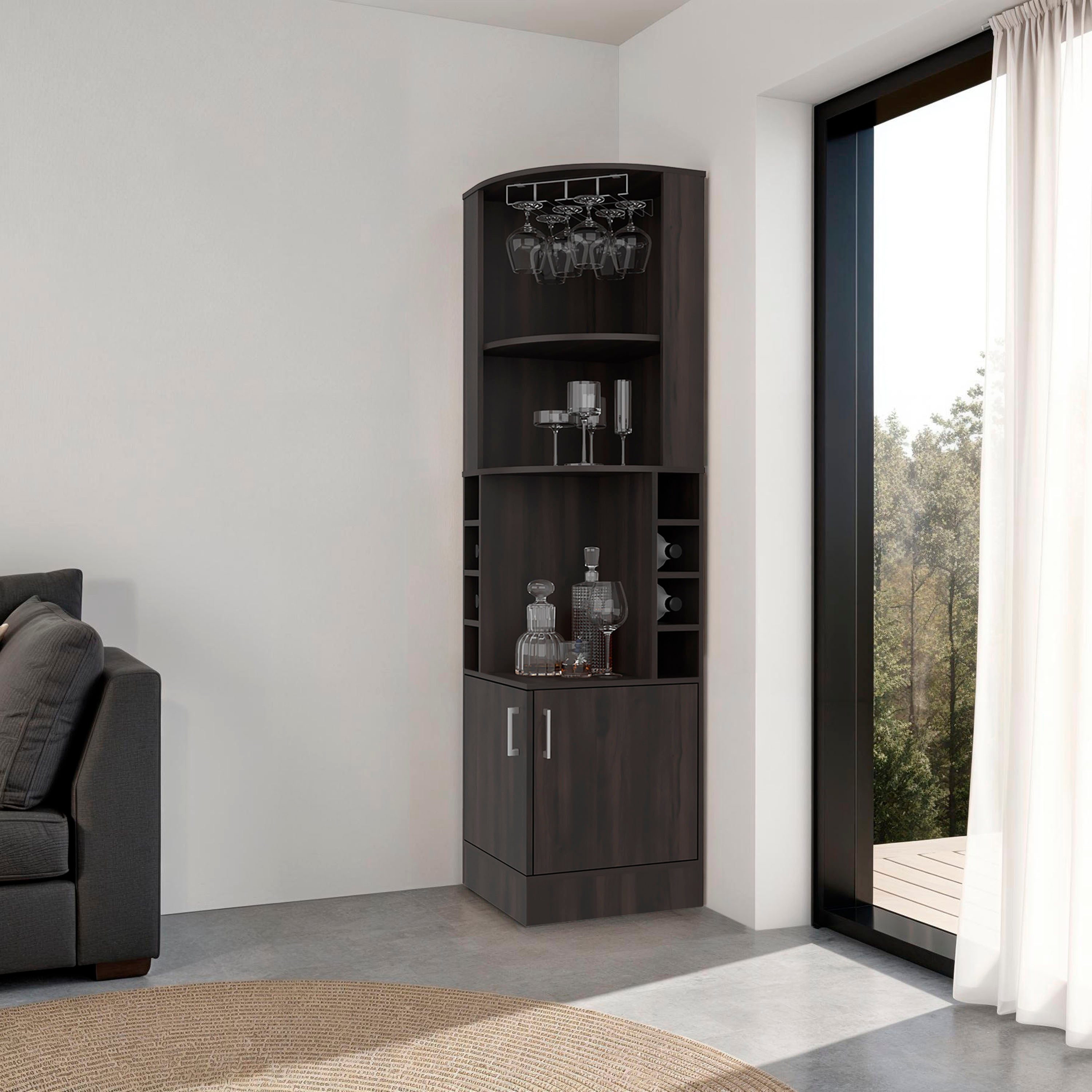 Corner Bar Cabinet Wine Rack, Dark Walnut, 8-Bottle & Stemware