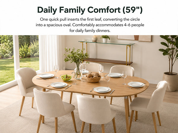 Feature graphic titled Daily Family Comfort showing the 59 inch oval table with six chairs