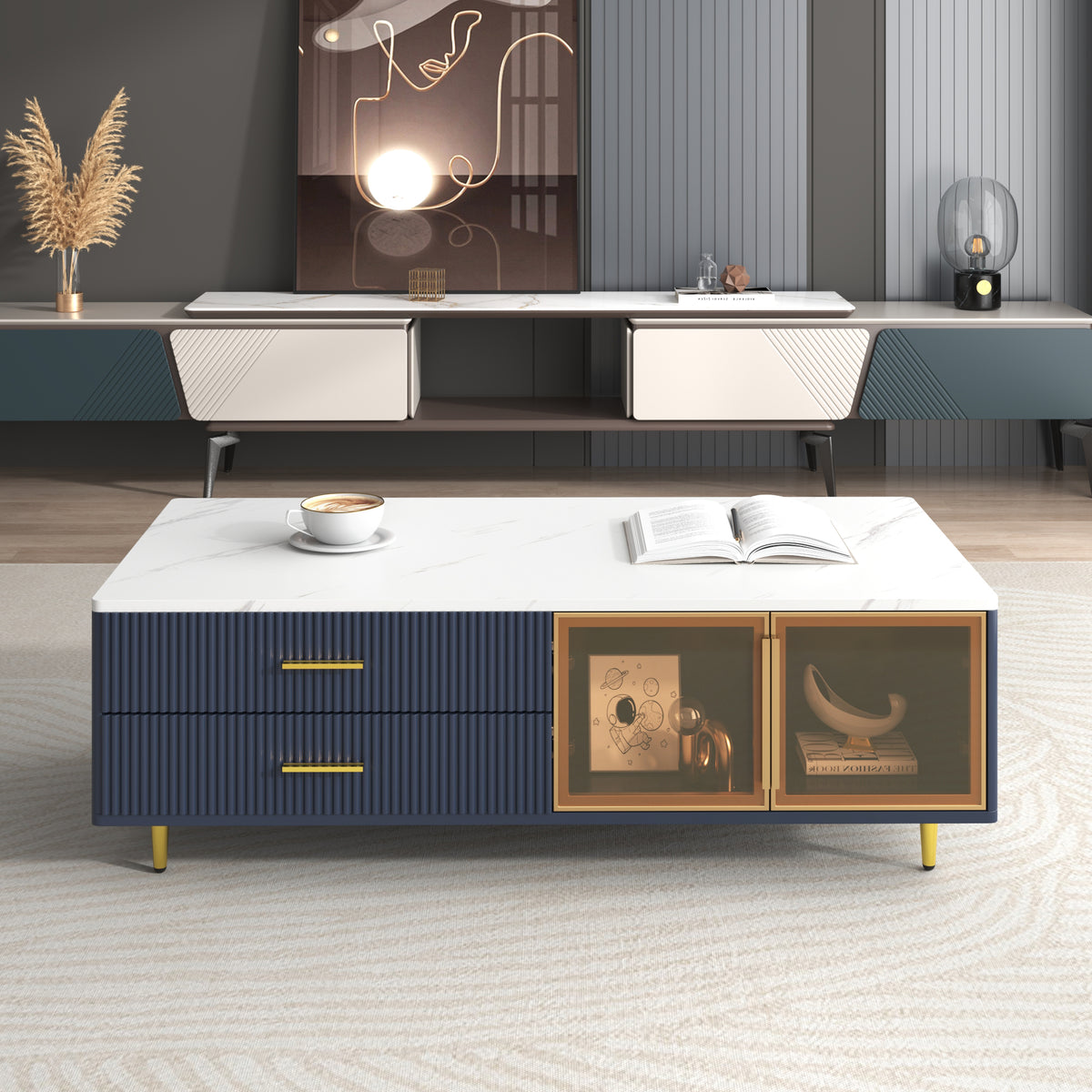 Navy Blue Coffee Table, 4 Drawers, 47.2 in