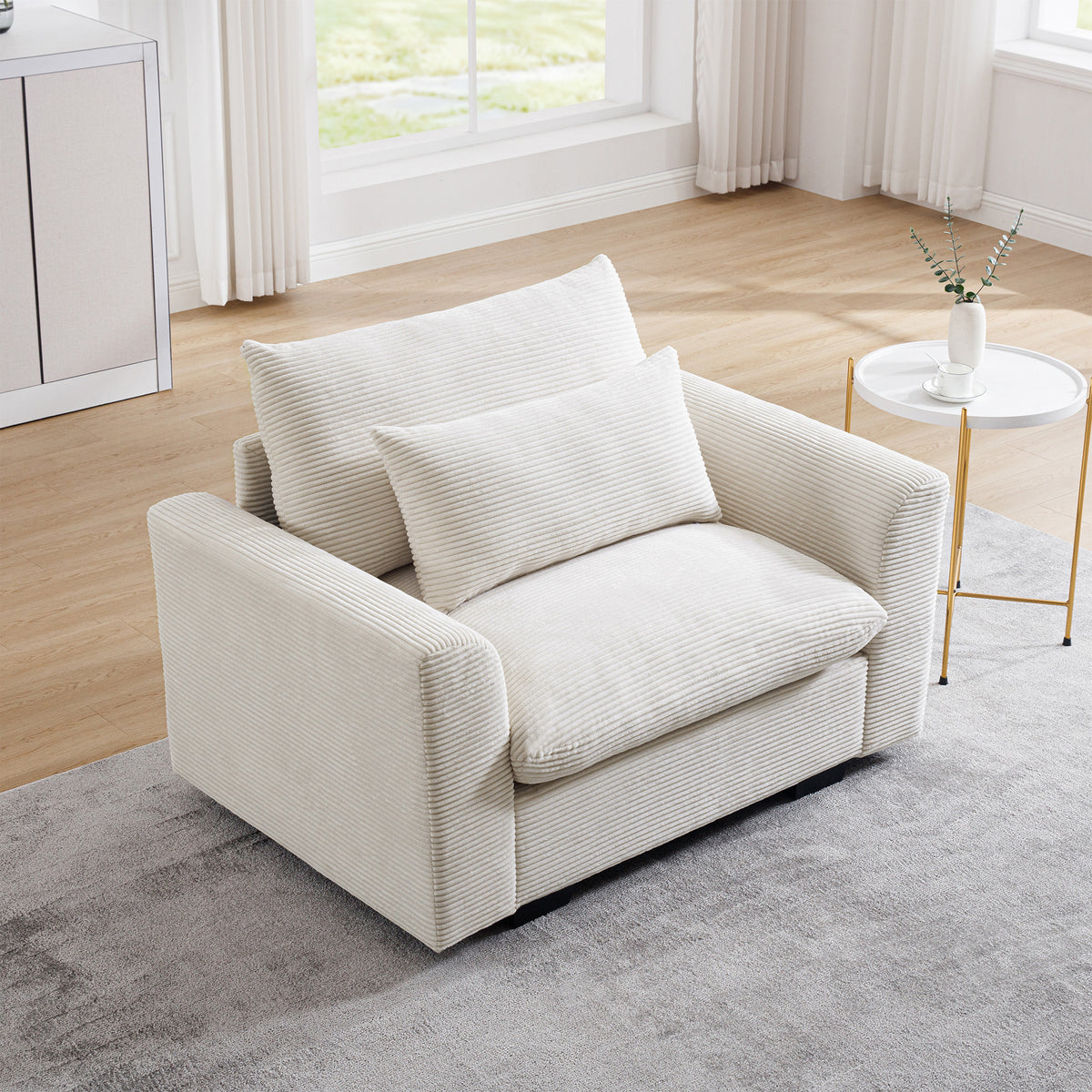 Beige Corduroy Accent Chair, Lumbar Pillow