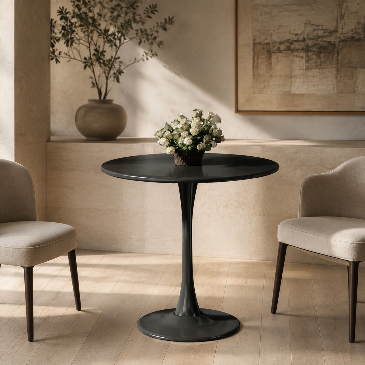 Modern Round Dining Table, Black - Metal Pedestal Base