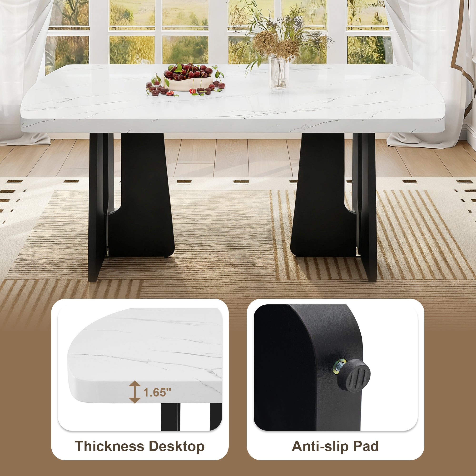 Feature graphic showing the 1.65 in thick faux marble desktop and the black leg anti-slip pad