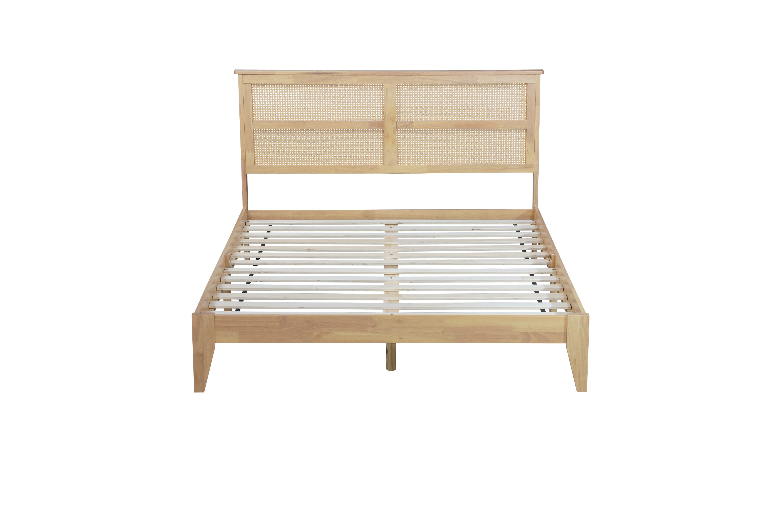 Front view of the bare natural rubberwood bed frame showing the exposed wood slat platform