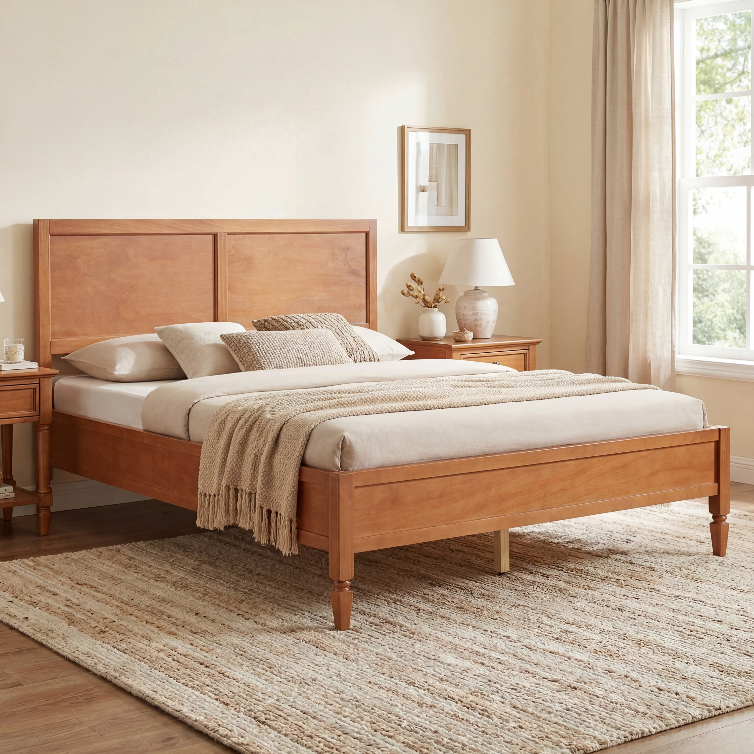Angled view of the brown wood platform bed with panel headboard, styled bedding and a lamp-topped nightstand by a window