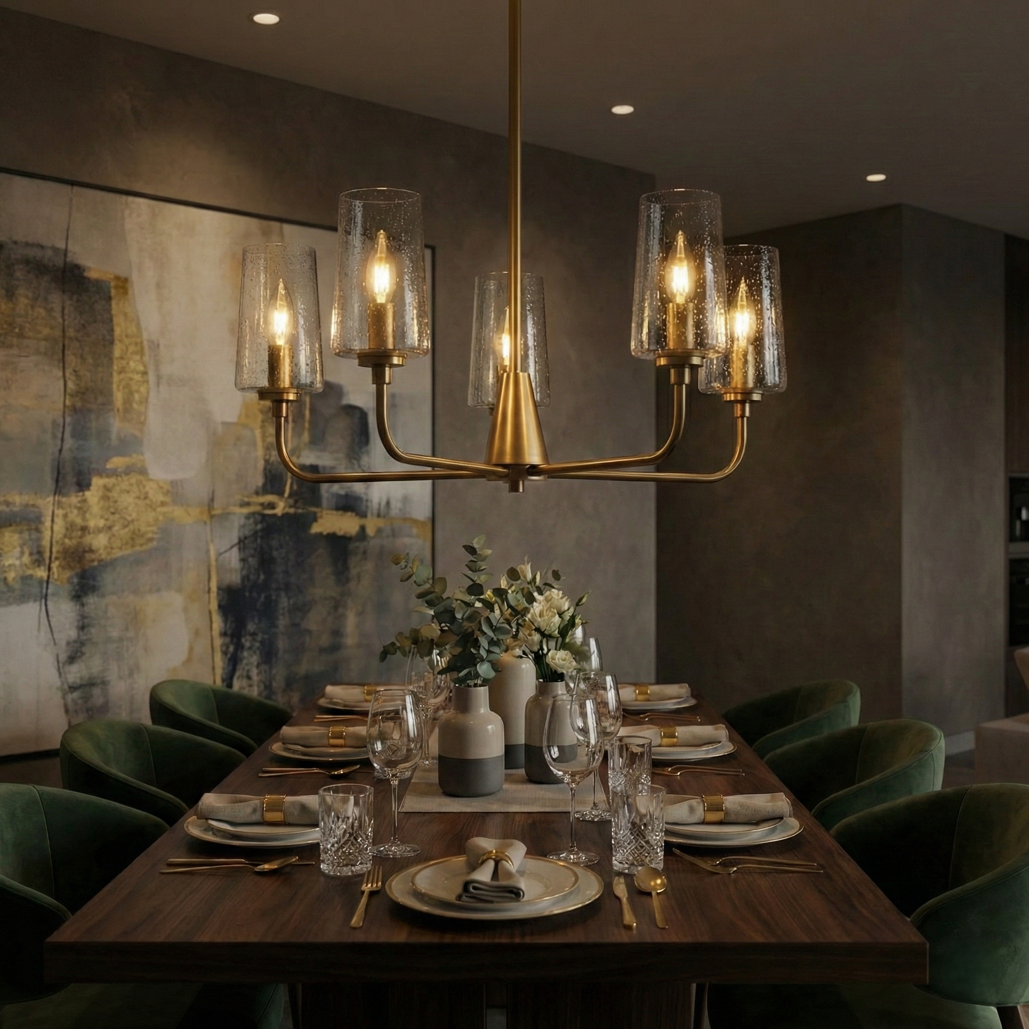 Chandelier with Clear Glass Shades, 5-Light, Antique Brass