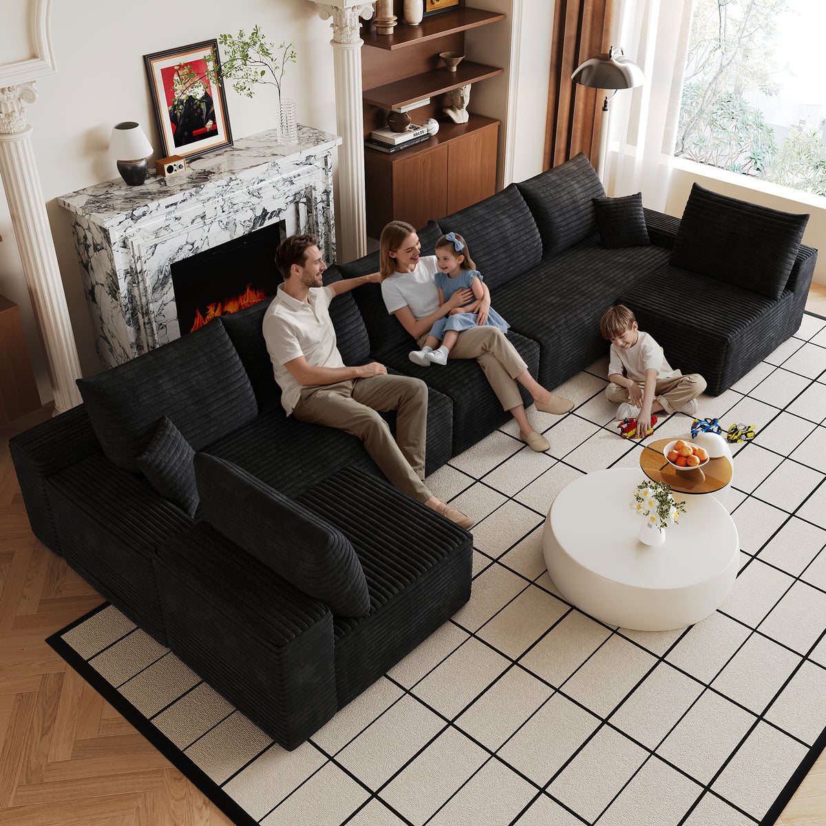 Black Corduroy U-Shaped Sectional Couch, No Assembly, 166 in Wide