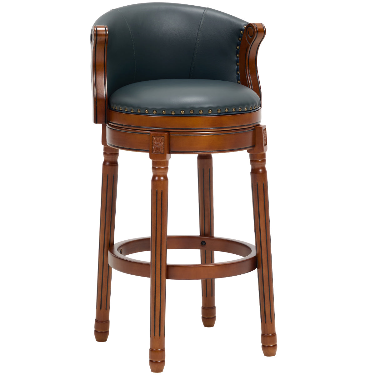 Genuine Leather Swivel Bar Stool, Dark Blue Seat, Wood Frame