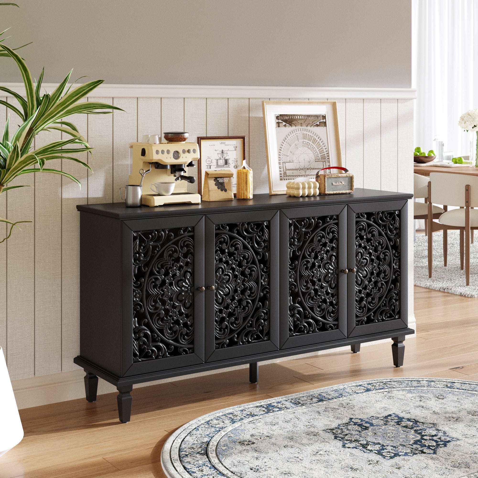 Antique Carved Sideboard Buffet, 60in Black 4-Door TV Stand