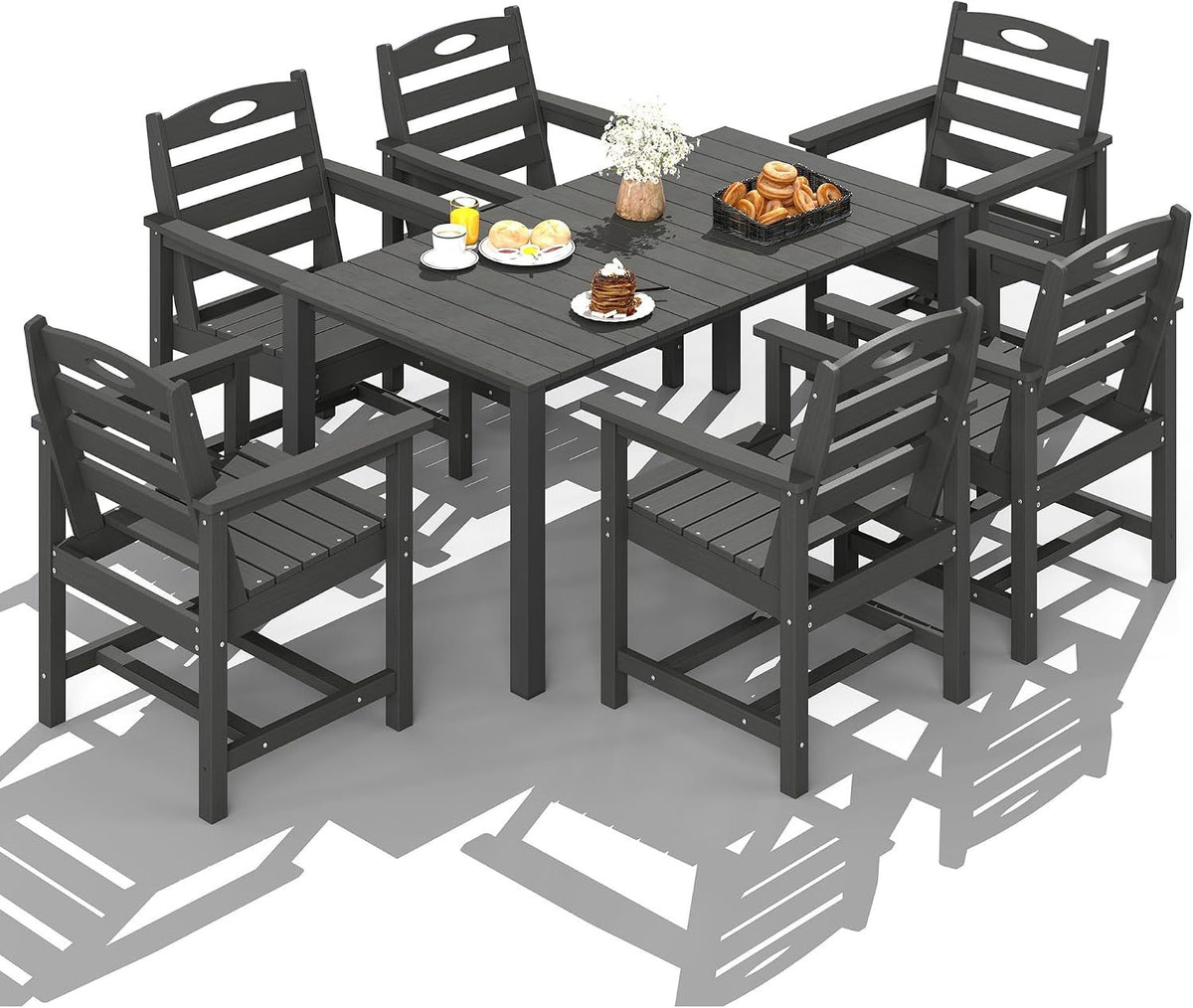 Gray HDPE 7-Piece Patio Dining Set with Umbrella Hole