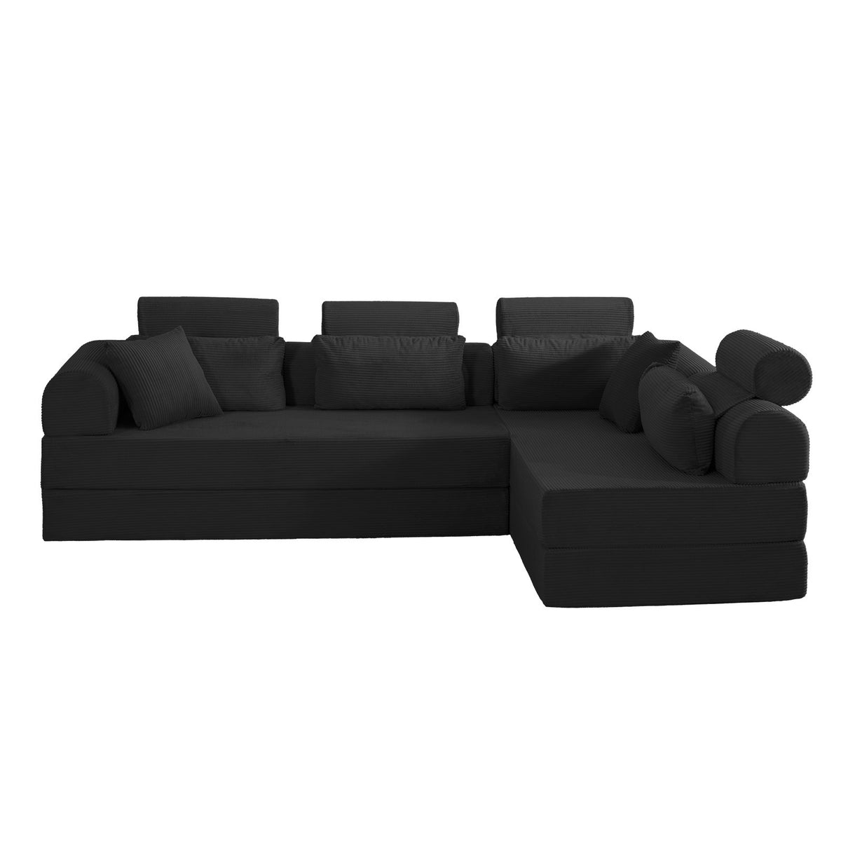 Black Corduroy L-Shaped Modular Sleeper Sectional, Right-Facing