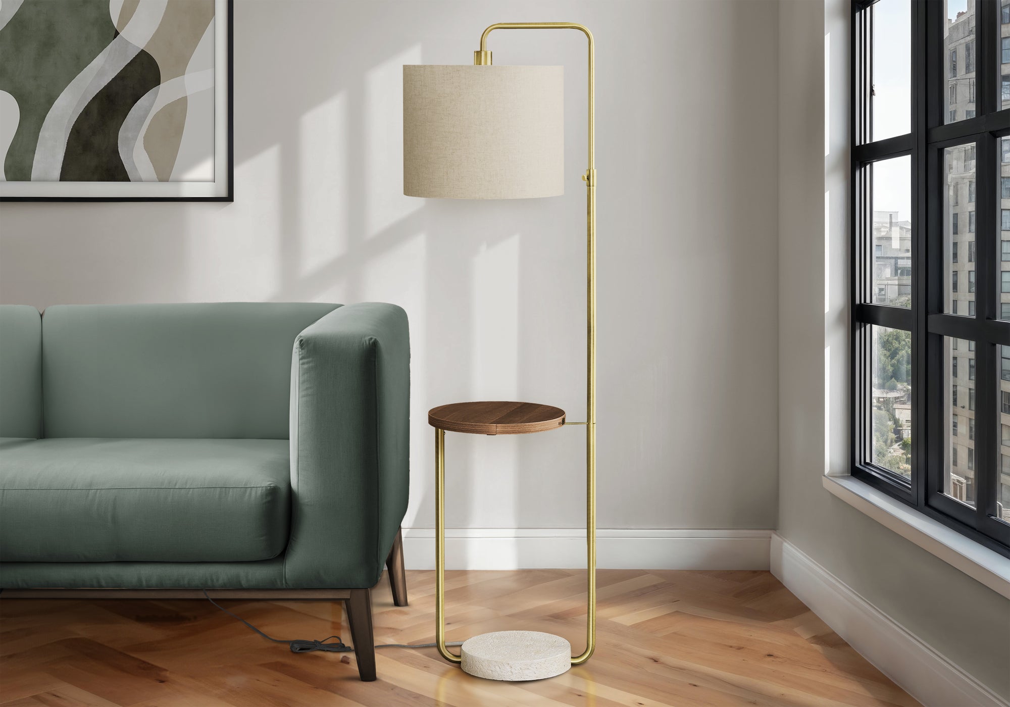 Floor Lamp, Adjustable Height with Fabric Shade, Gold