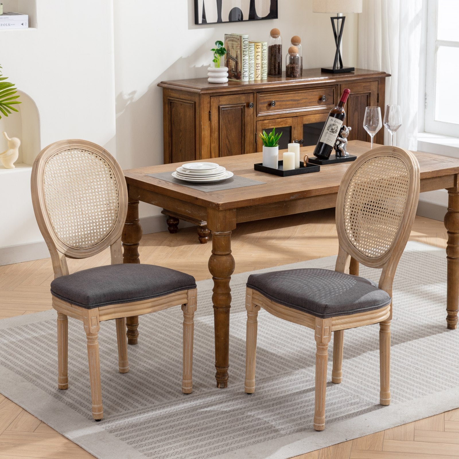 French Rattan-Back Dining Chairs Set of 2, Gray Linen Seat