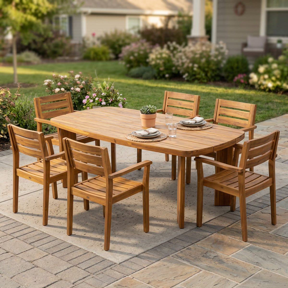 Teak Finish Solid Wood Patio Dining Set for 6, Slatted