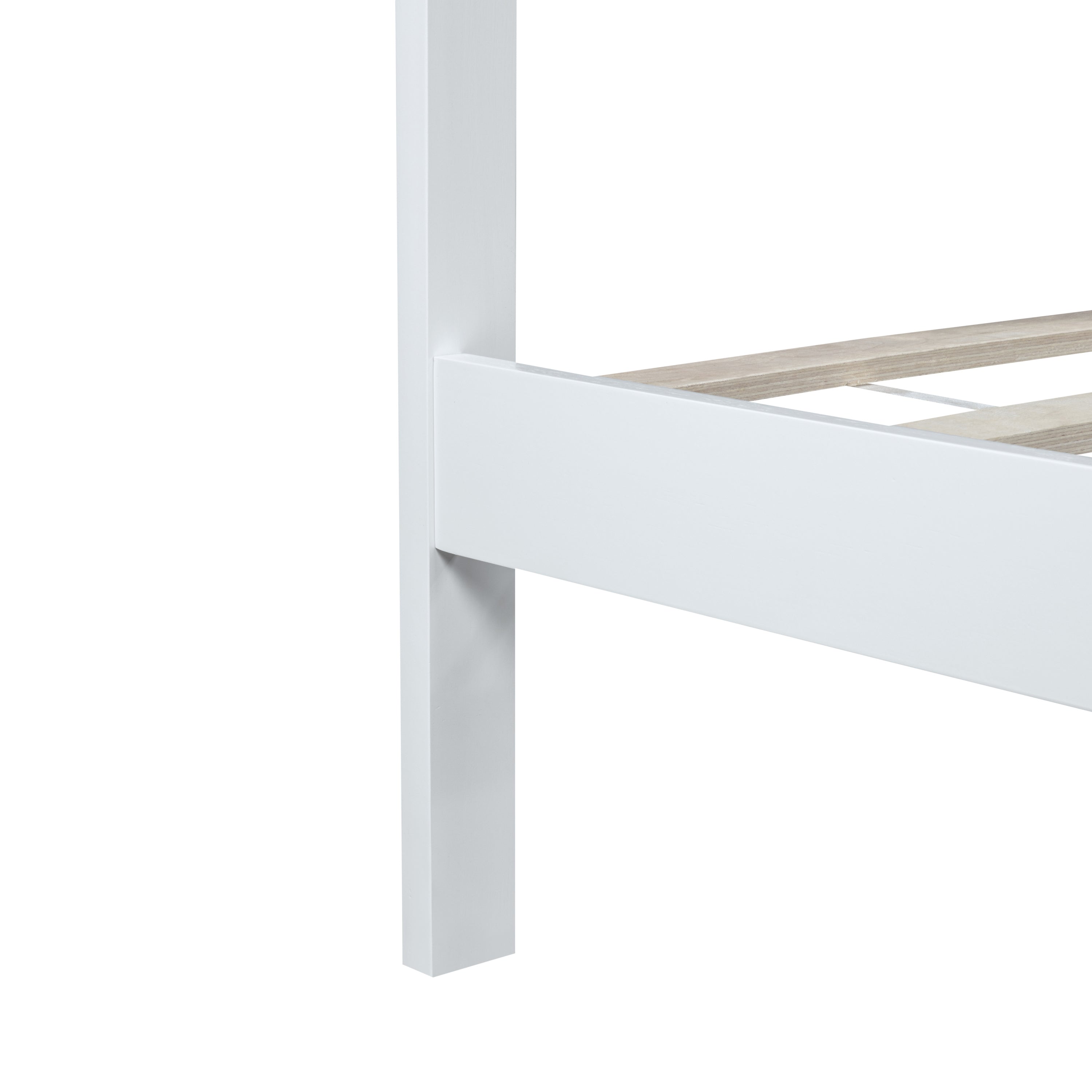 Detail of a white corner leg and side rail on the queen platform bed frame #Color_White