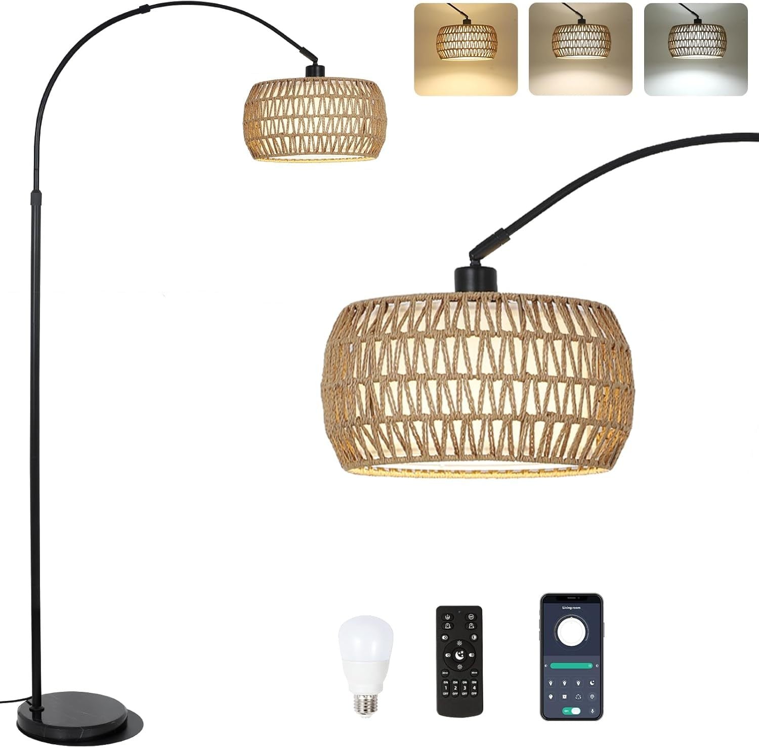Floor Lamp with Arc Design and Remote Control, Brown and Black