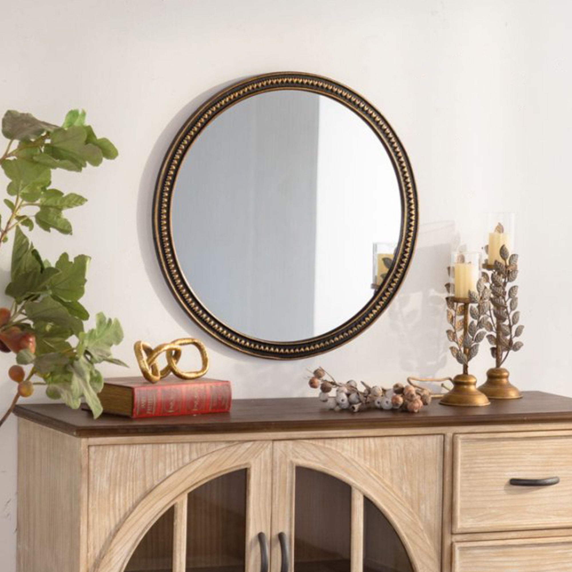 Gold Beaded Round Mirror, 23.62 in, Slim Modern Frame