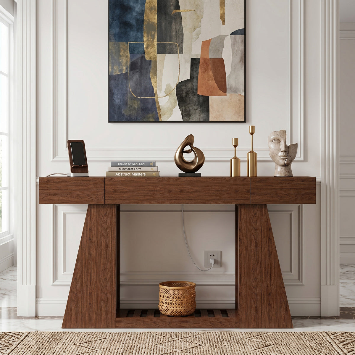 Natural Entryway Console Table with Storage, 59.8 in Wide