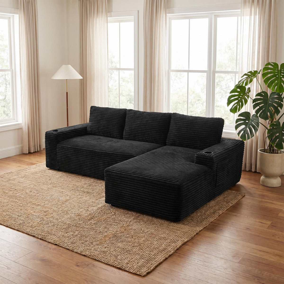 Black Corduroy L-Shaped Modular Sectional, 104.3 in Wide, Right-Facing