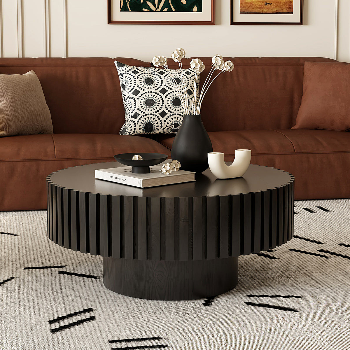 Black Round Coffee Table, 31.5 in, Carved