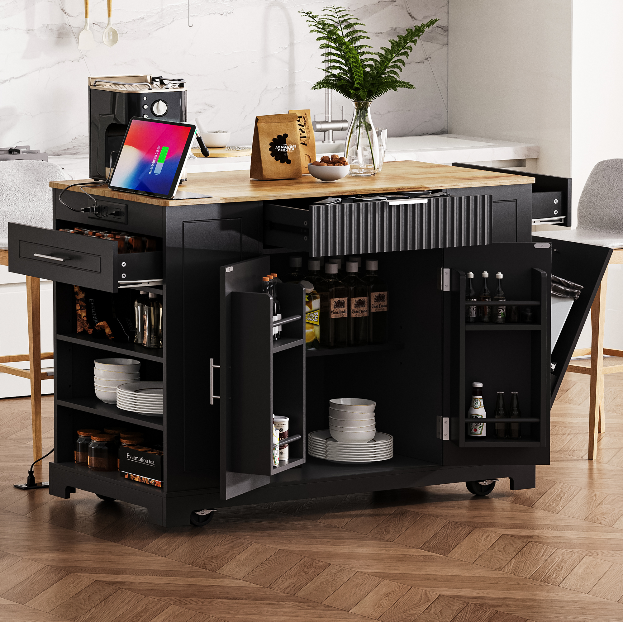 Fluted Kitchen Island, Black, Rolling with Trash Cabinet, 48.5in