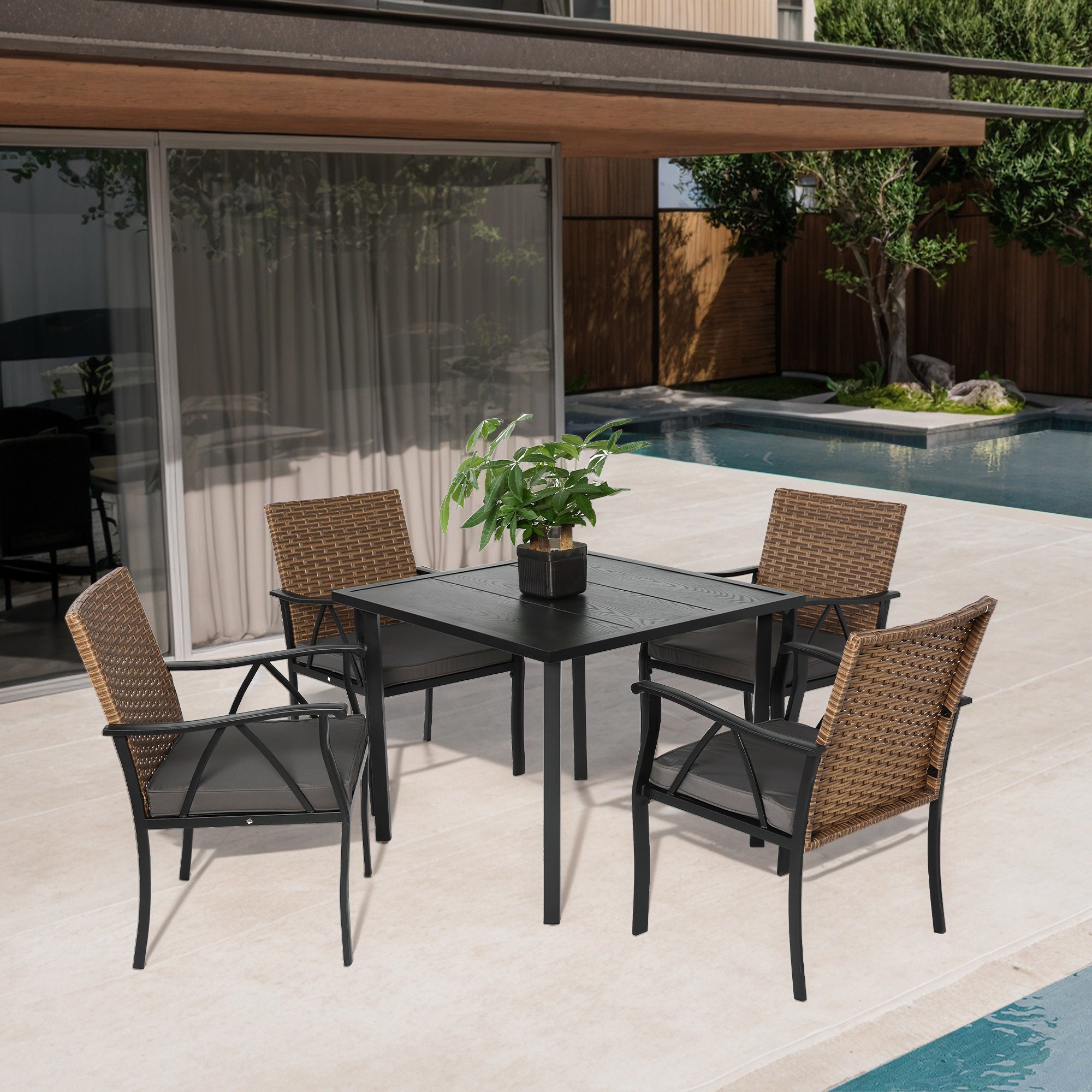 5-Piece Patio Dining Set for 4, Brown Wicker Chairs, Steel Table