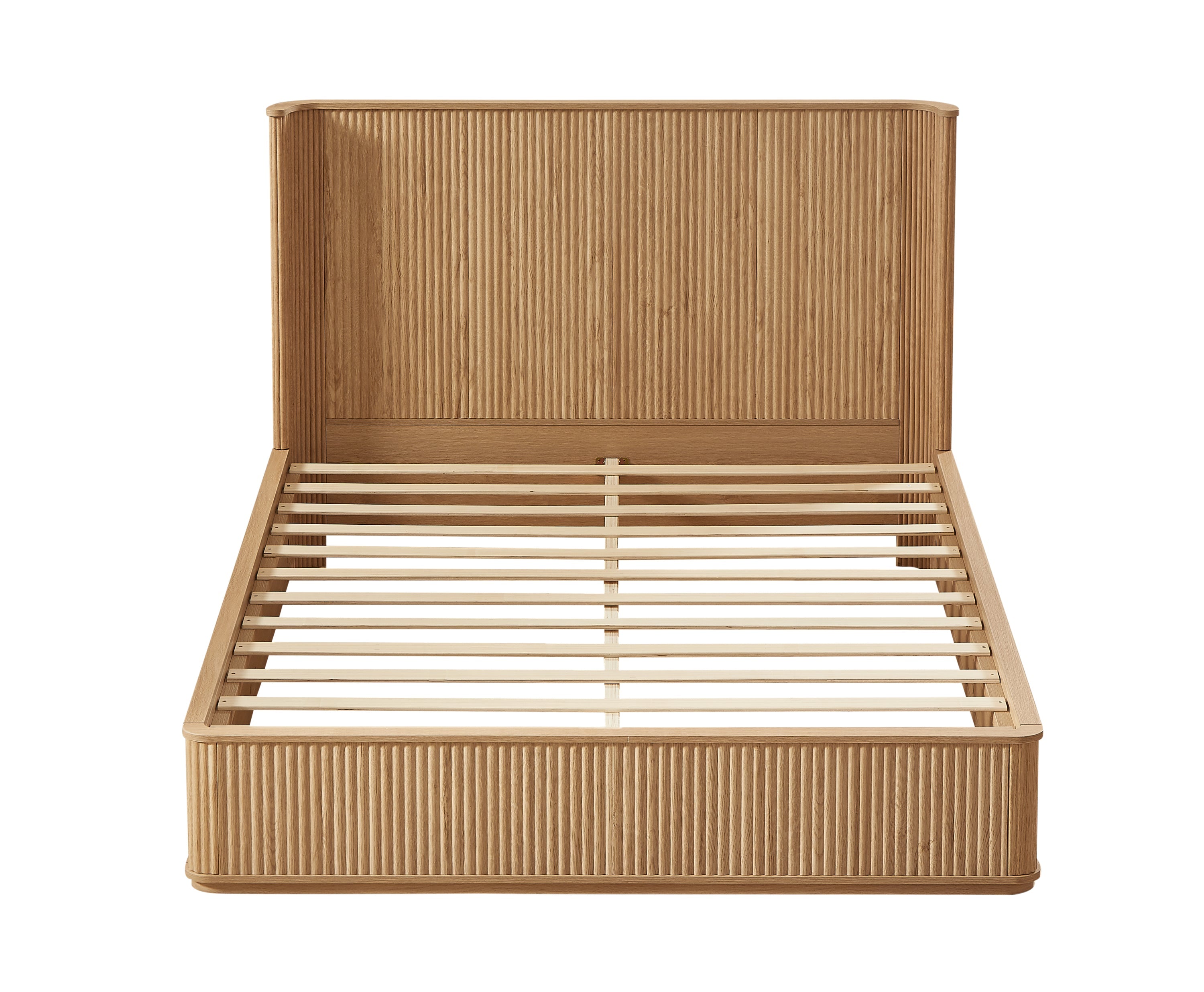 Studio front view of the natural oak fluted bed frame with slat base and no mattress on white #Color_Natural Oak