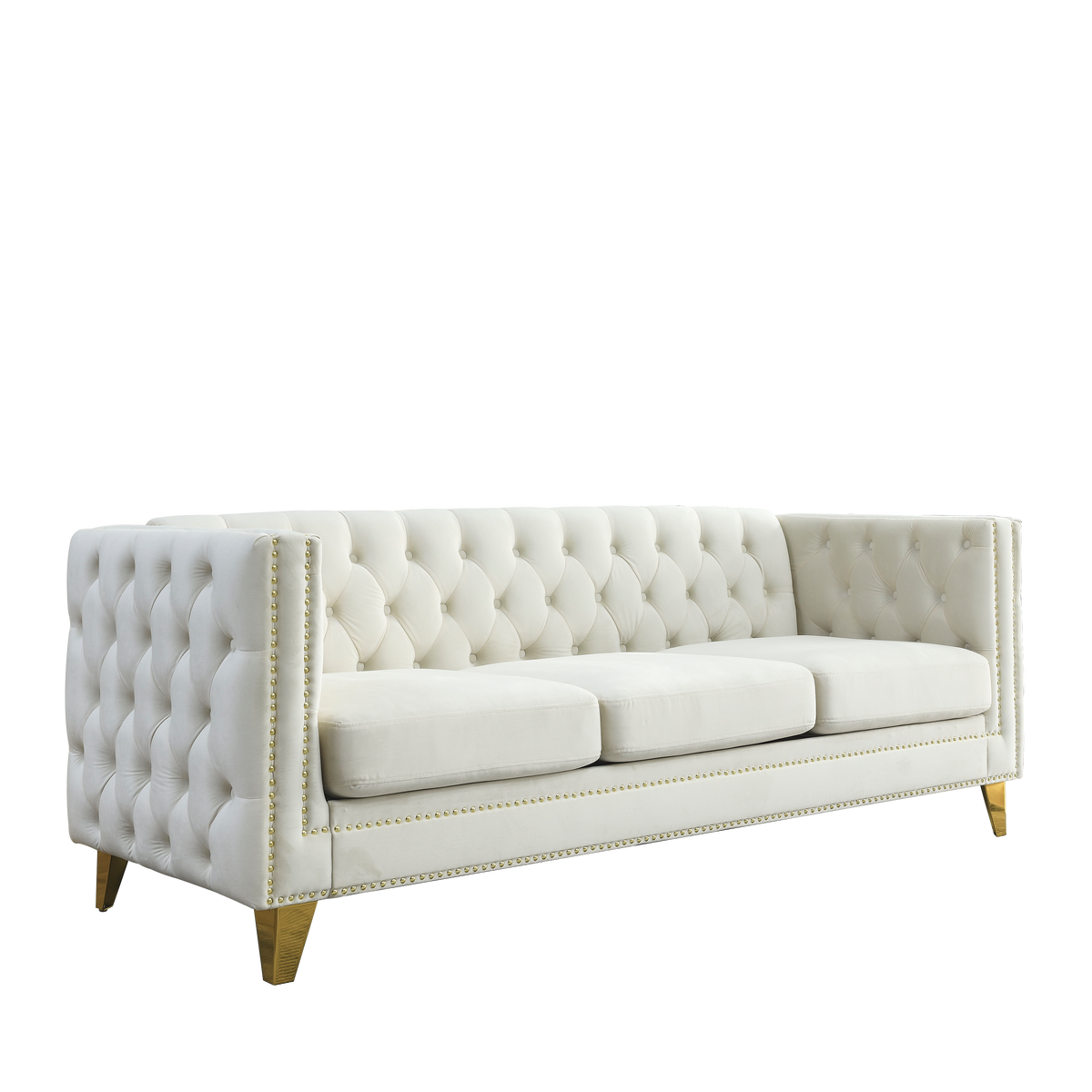 Beige Velvet 3-Seat Couch, 67 in Wide