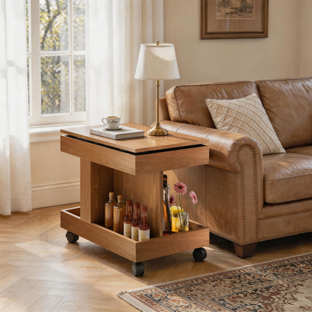 Natural Rectangular Side Table with Storage, 26.8 in