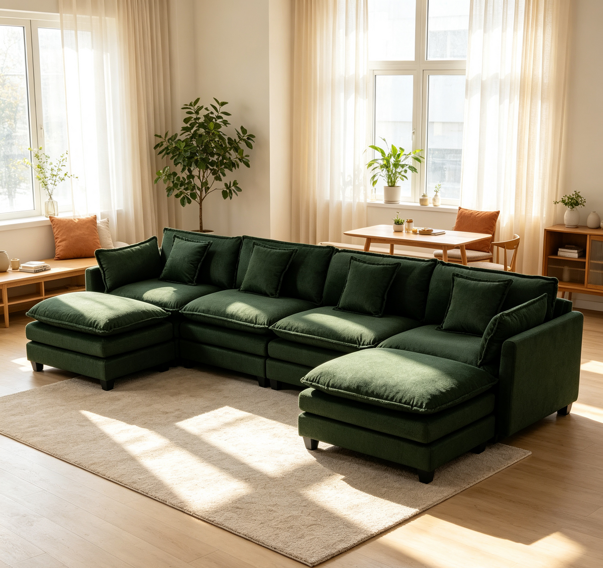 Green Chenille Modular Sectional Couch with 2 Ottomans, 149.6 in Wide