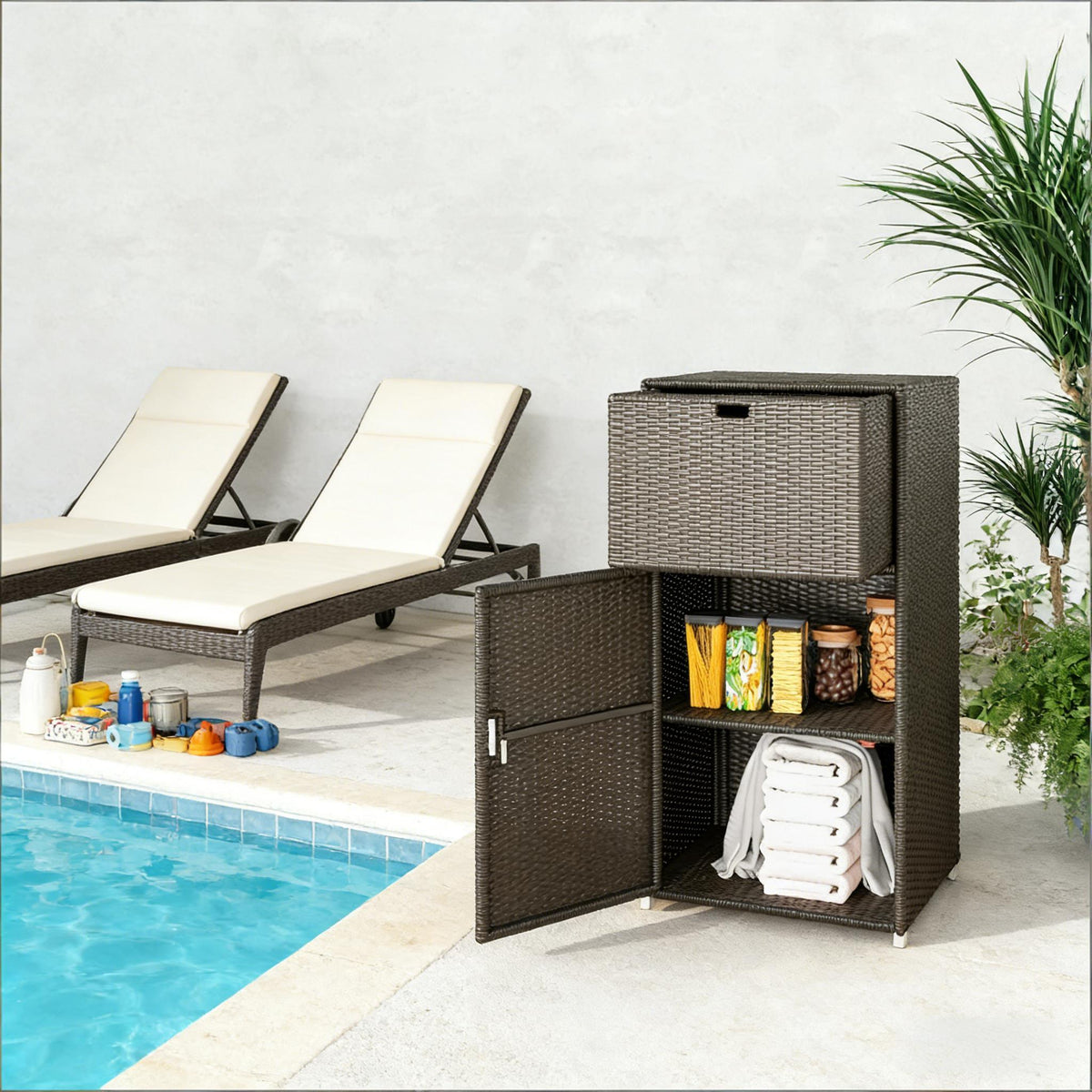 Dark Brown Wicker Outdoor Storage Cabinet