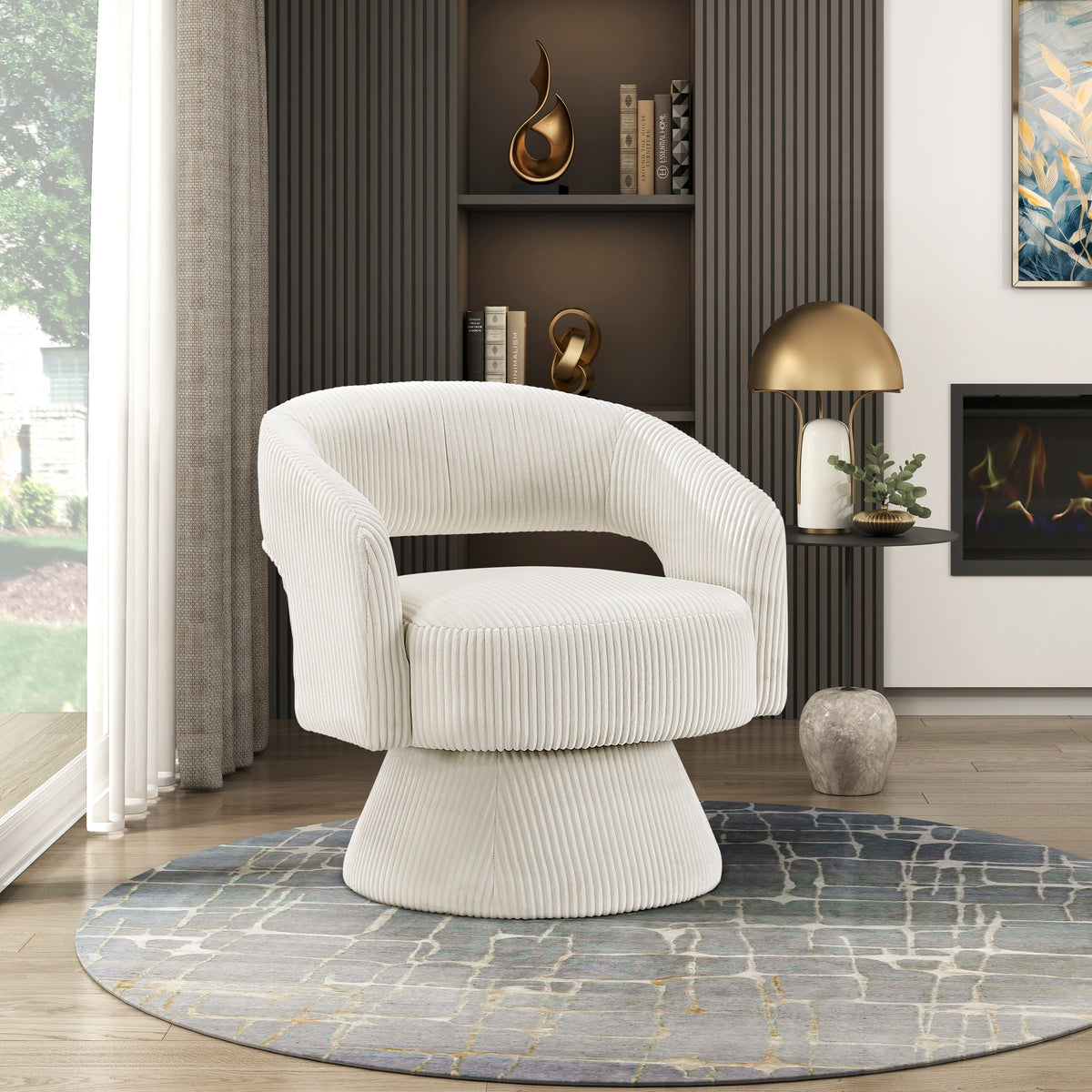 Beige Corduroy Swivel Accent Chair