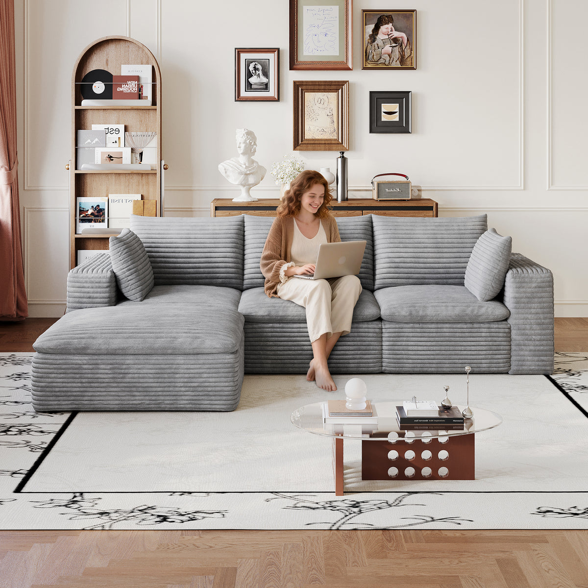 Gray Corduroy Modular 4-Seat Couch, No Assembly, 102.4 in Wide