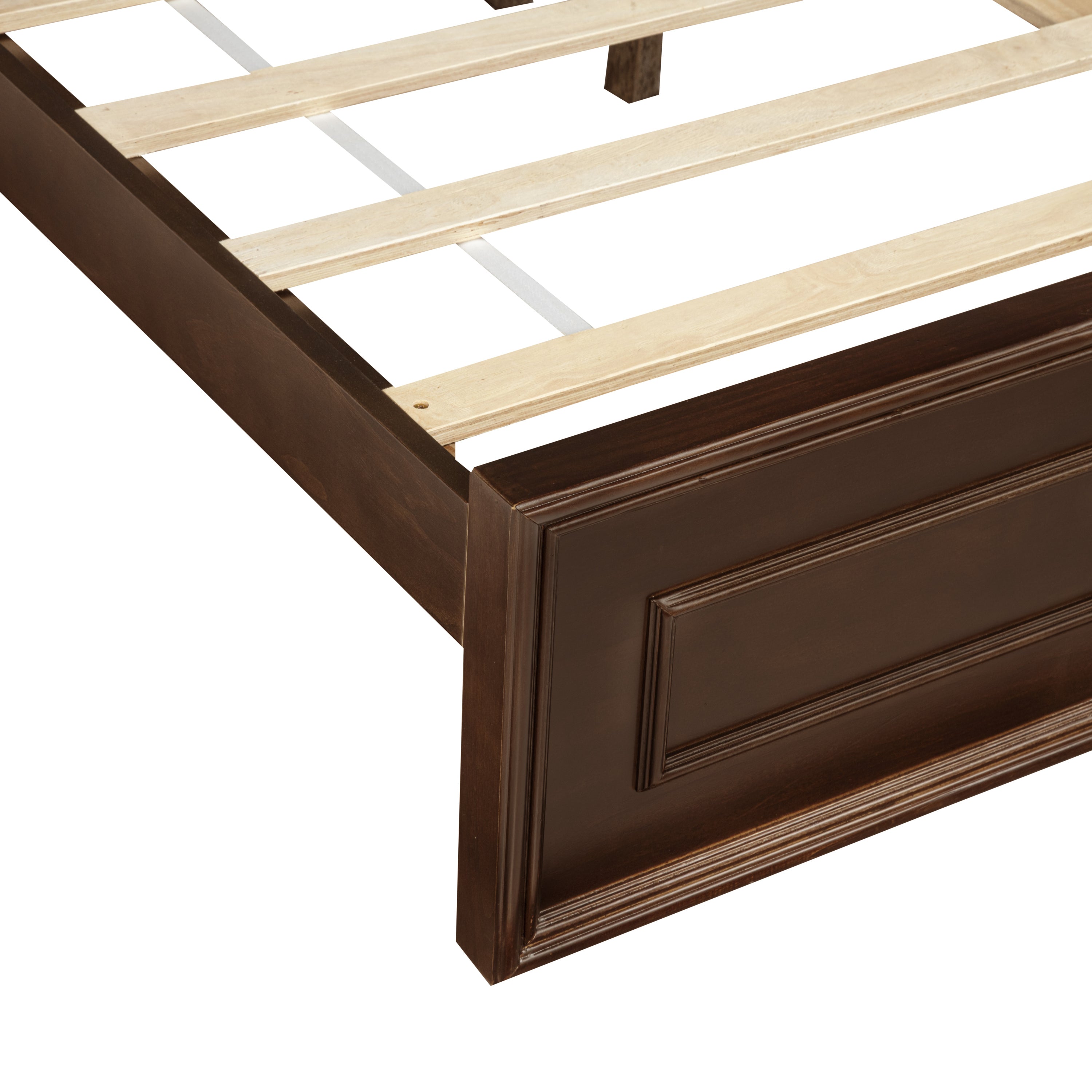 Cropped view of rich brown footboard end with recessed panels and wood slats #Color_Rich Brown