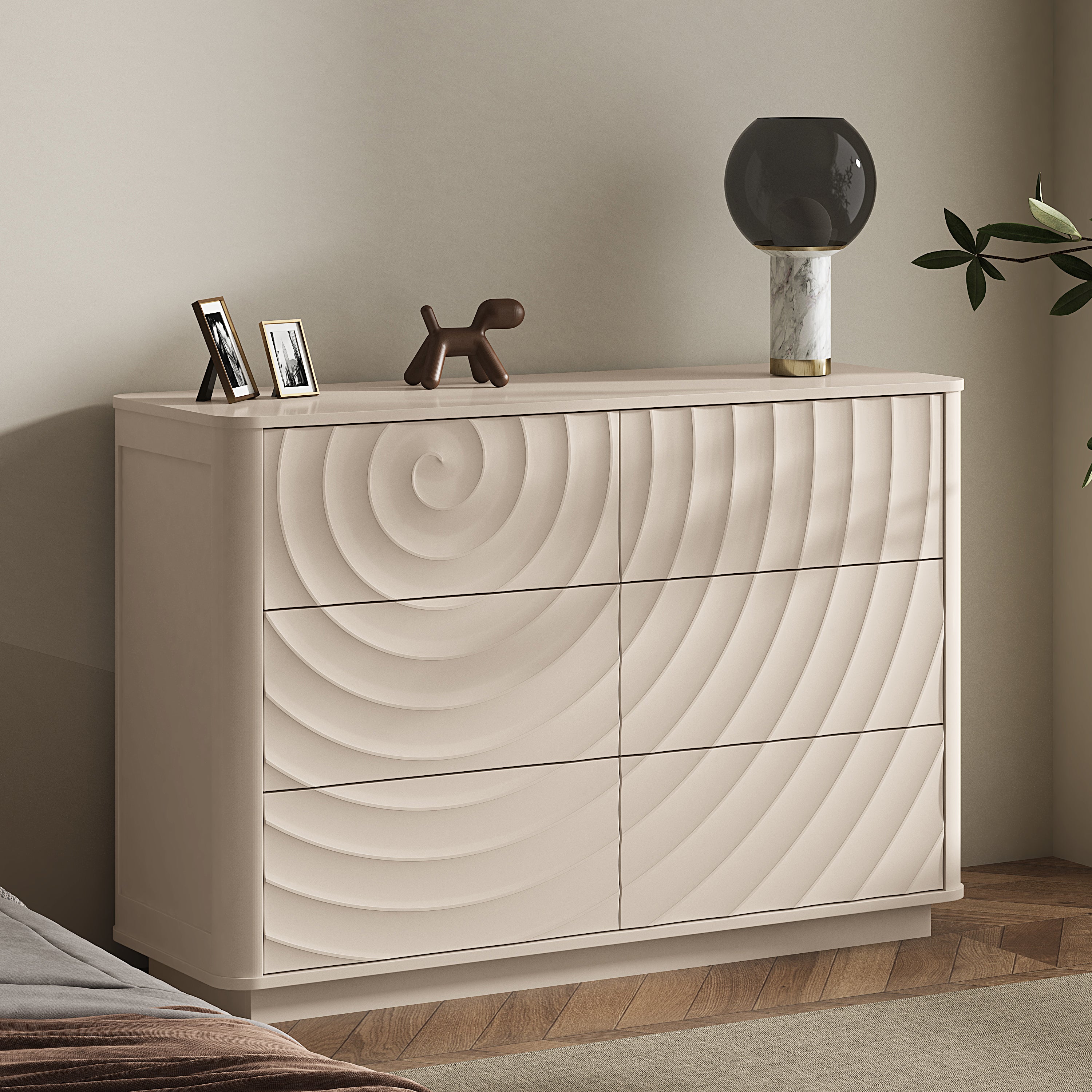 6 Drawer Dresser with Handle Free Ripple Front, Off White