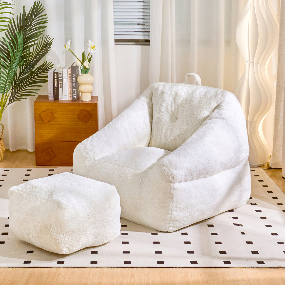 White Faux Fur Bean Bag Chair, 38.6 in Wide