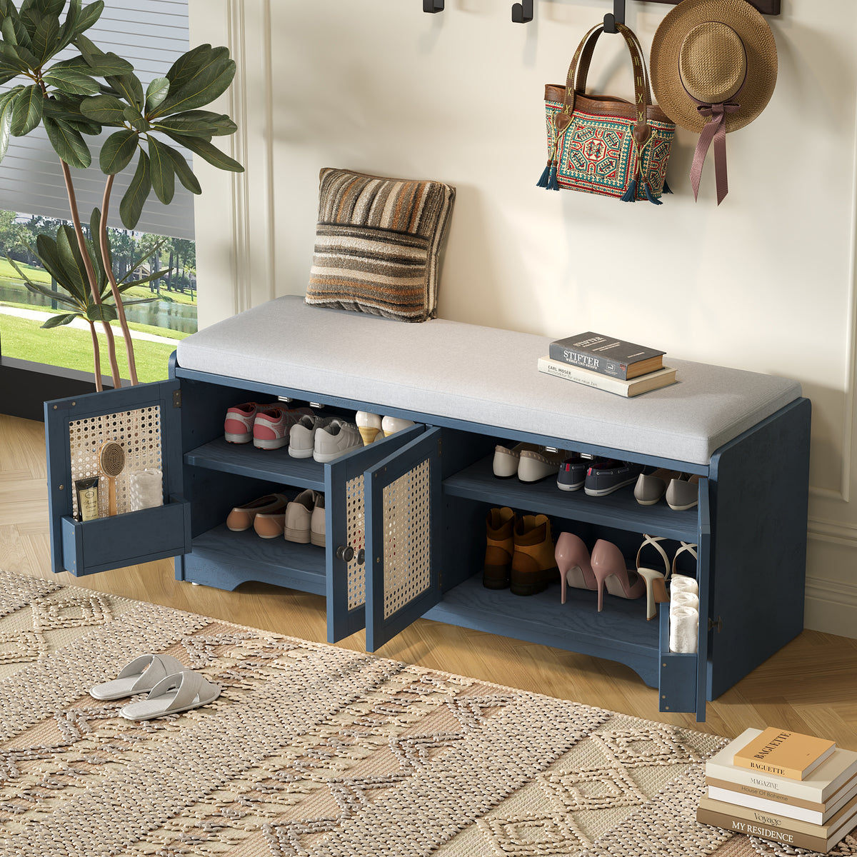 Navy Rattan Shoe Storage Bench, 47.4 in Wide