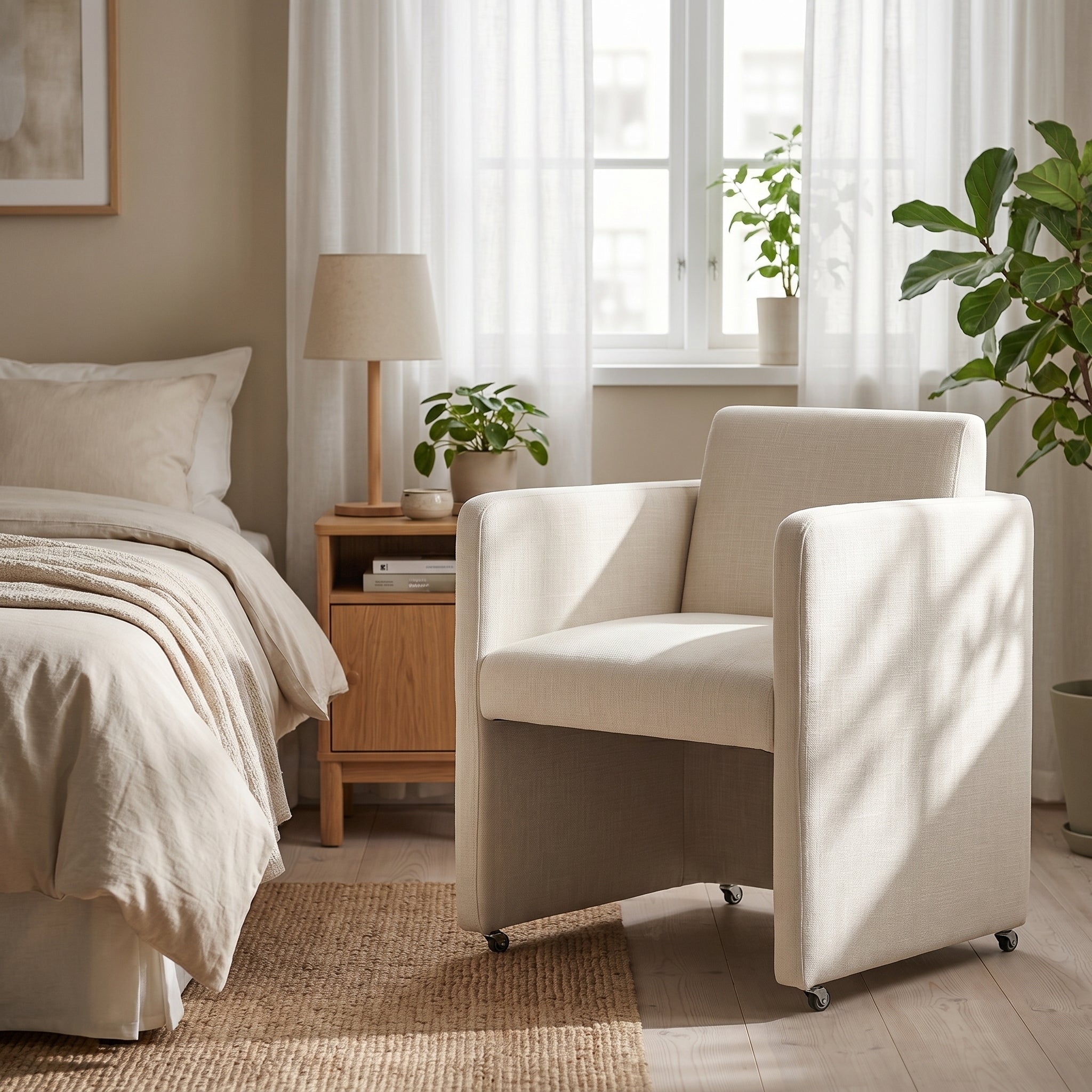 Barrel Dining Chair with Arms, Cream Linen on Casters
