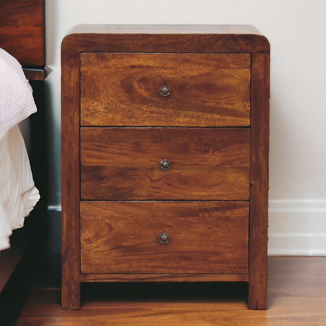 3 Drawer Nightstand, Solid Mango Wood, Chestnut Brown
