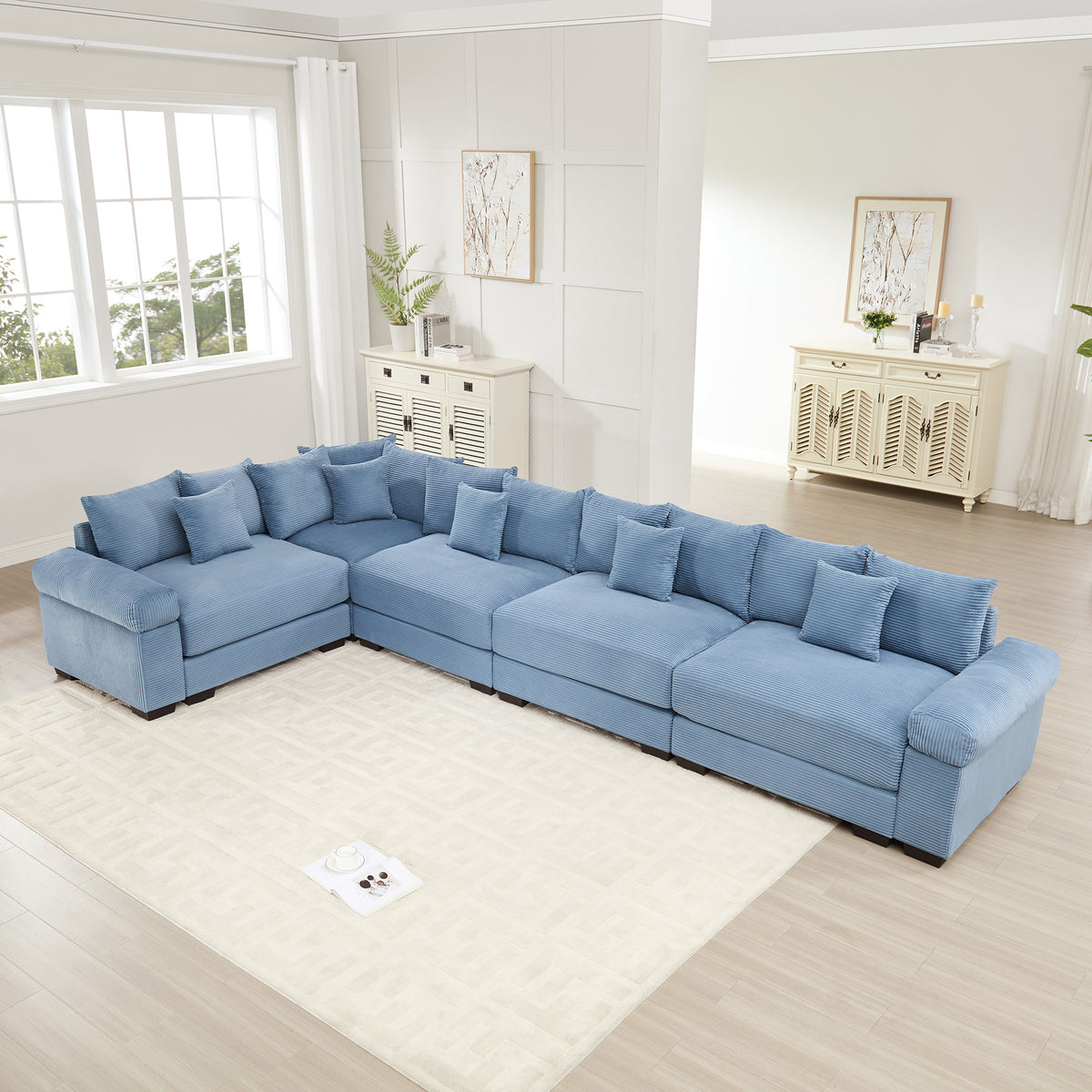 Blue Corduroy Modular Sectional, 5-Seat
