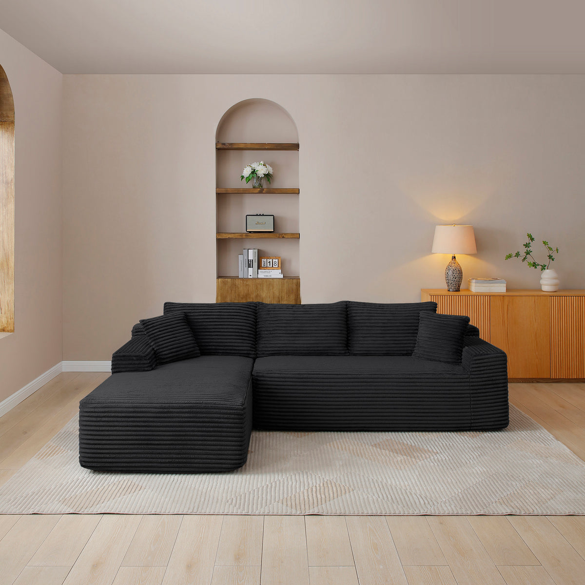 Black Corduroy L-Shaped Modular Sectional, 105 in Wide, Left-Facing