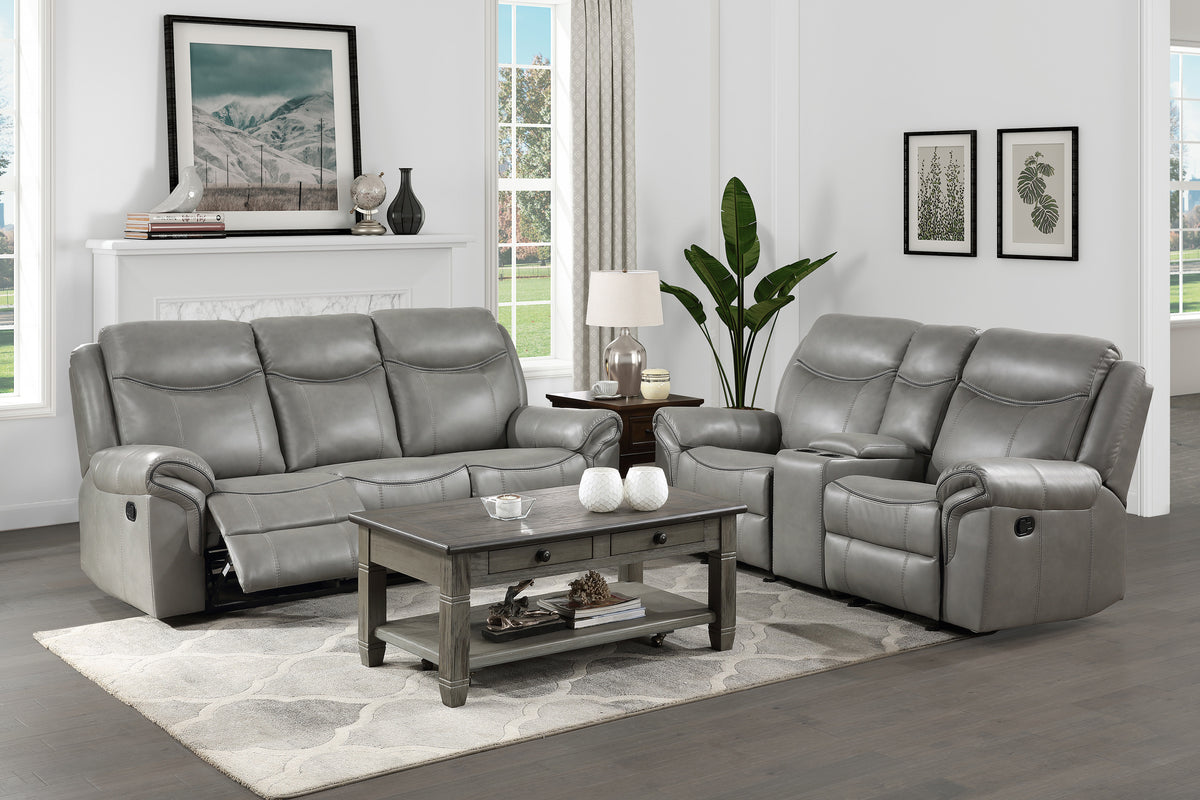 Gray Vegan Leather Reclining Sofa and Loveseat Set, USB Charging